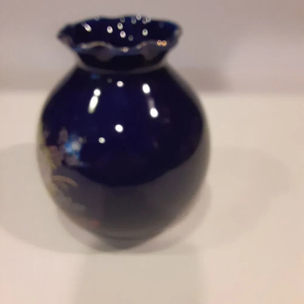 Asian Cobalt Blue Floral Vase Decorative 6.25